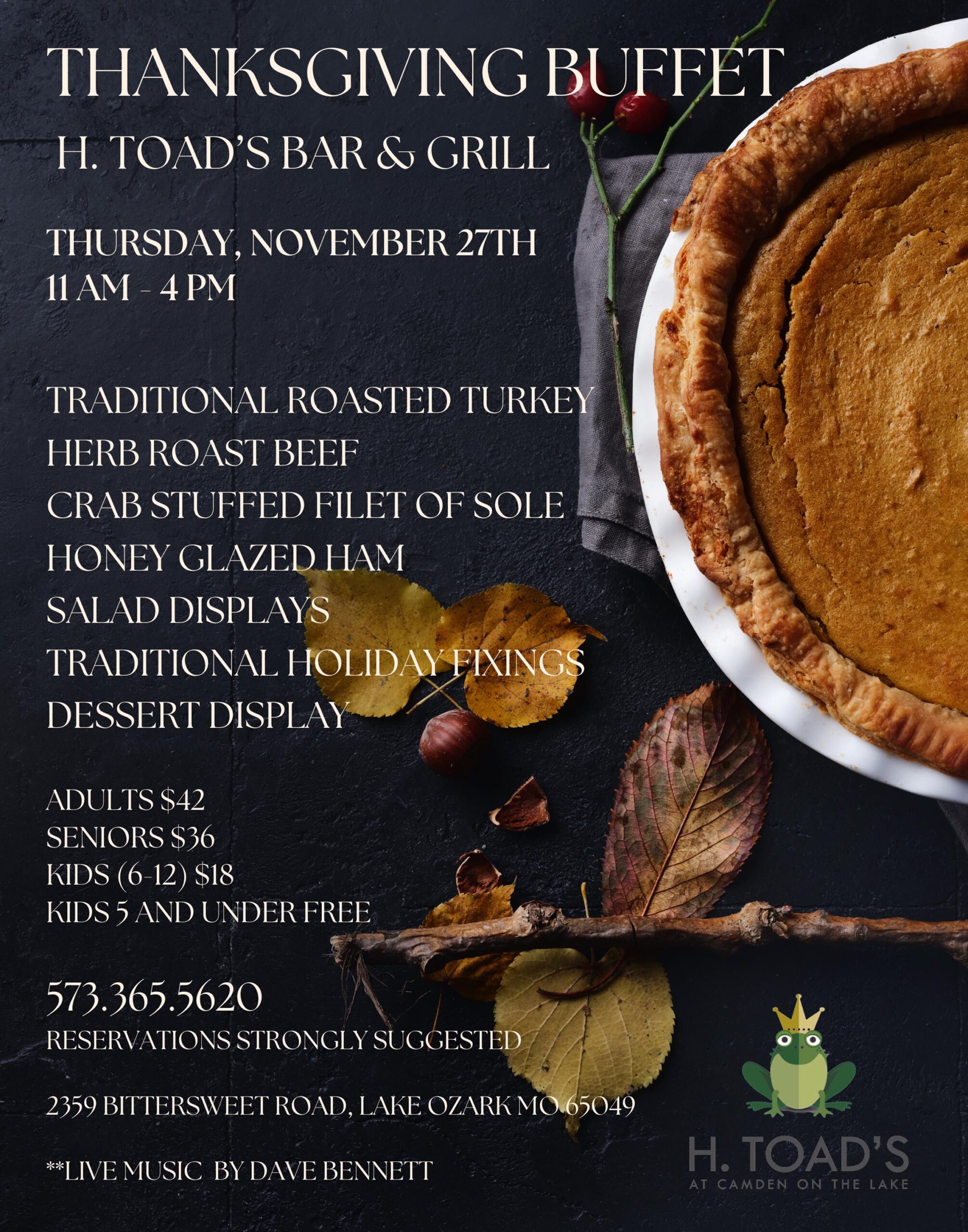 Thanksgiving buffet flyer for H. Toad’s Bar & Grill featuring pie and event details.